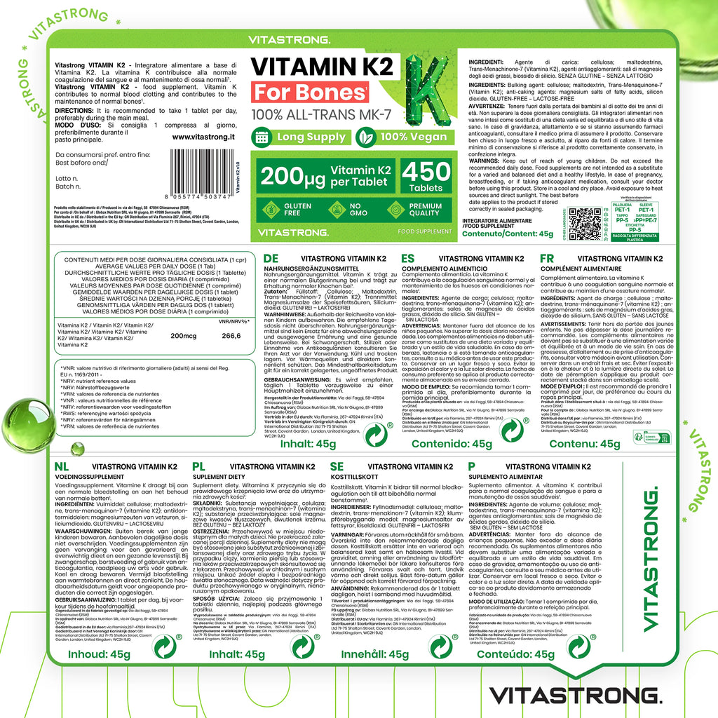 VitaStrong Vitamin K2 200 mcg, hochdosiert, 1 Tablette täglich, 450 Tabletten, Knochengesundheit, Unterstützung von Knochen und Muskeln, Nahrungsergänzungsmittel, Premium Qualität, 100% vegan und saubere Formel