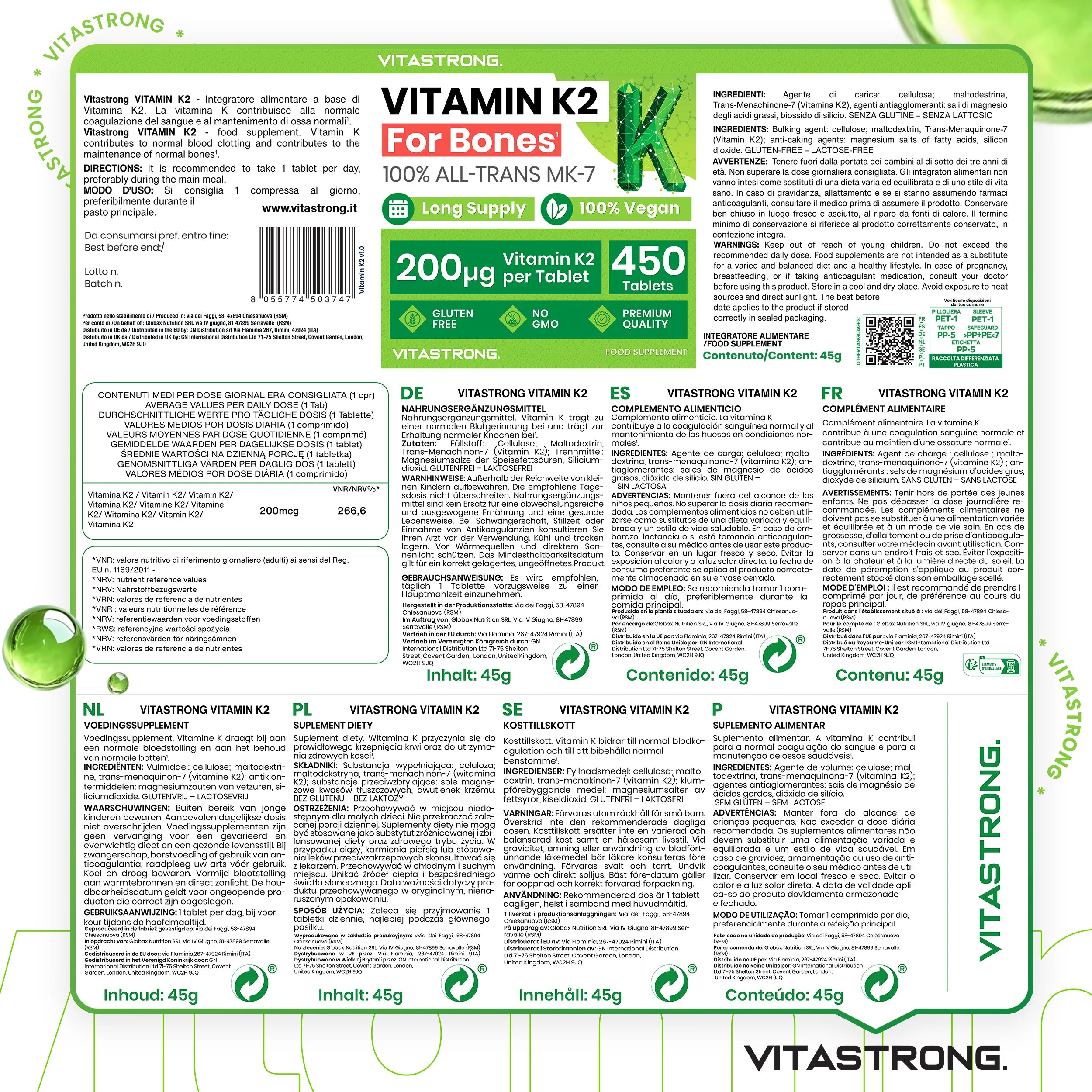 VitaStrong Vitamin K2 200 mcg, hochdosiert, 1 Tablette täglich, 450 Tabletten, Knochengesundheit, Unterstützung von Knochen und Muskeln, Nahrungsergänzungsmittel, Premium Qualität, 100% vegan und saubere Formel