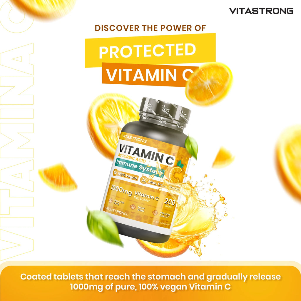 Vitastrong Vitamin C 1000mg Hochdosiert – 200 Tabletten, 100% Vegan, Retard-Ascorbinsäure zur Immununterstützung, für gesunde Haut, zur Verringerung von Müdigkeit und zur Kollagenbildung