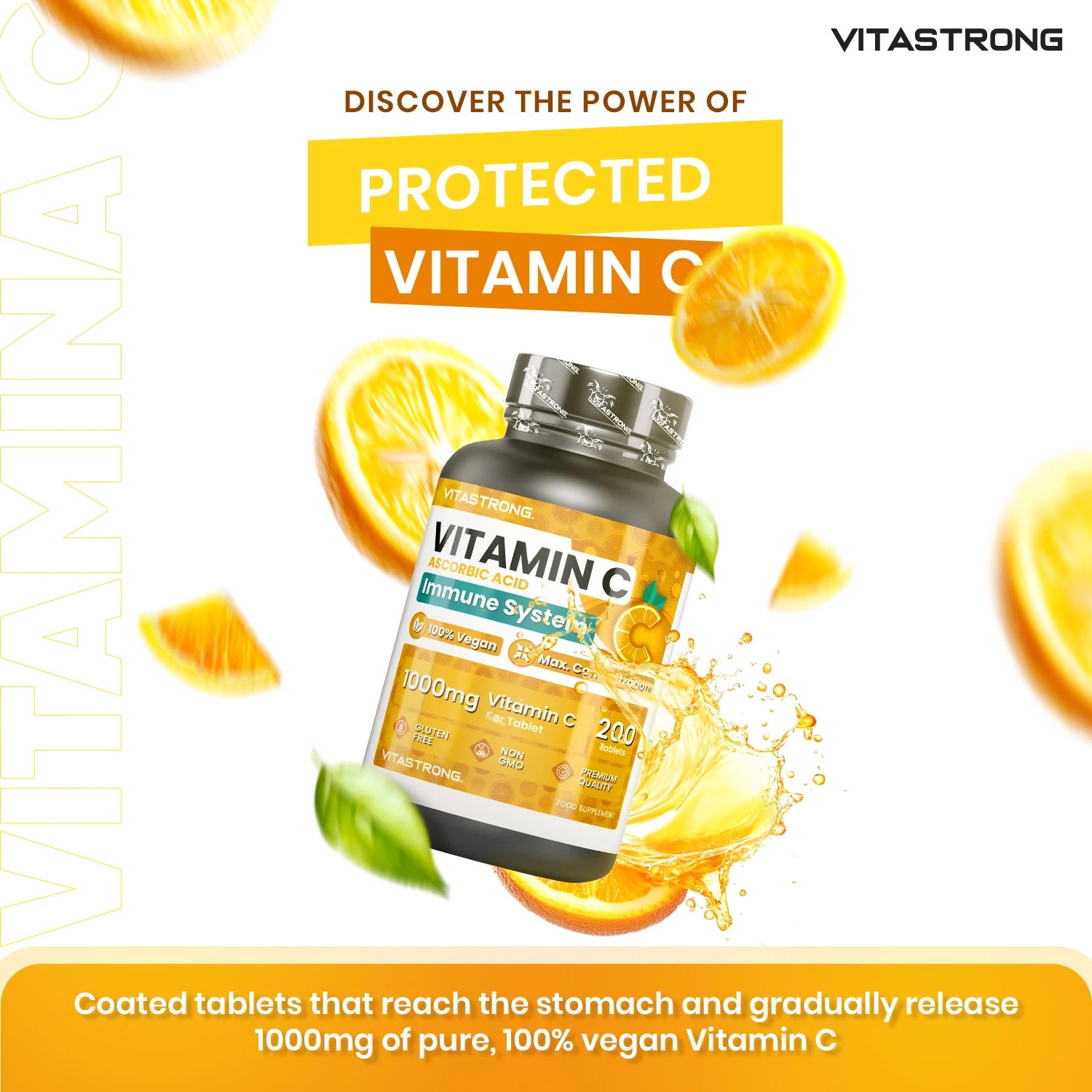 Vitastrong Vitamin C 1000mg Hochdosiert – 200 Tabletten, 100% Vegan, Retard-Ascorbinsäure zur Immununterstützung, für gesunde Haut, zur Verringerung von Müdigkeit und zur Kollagenbildung