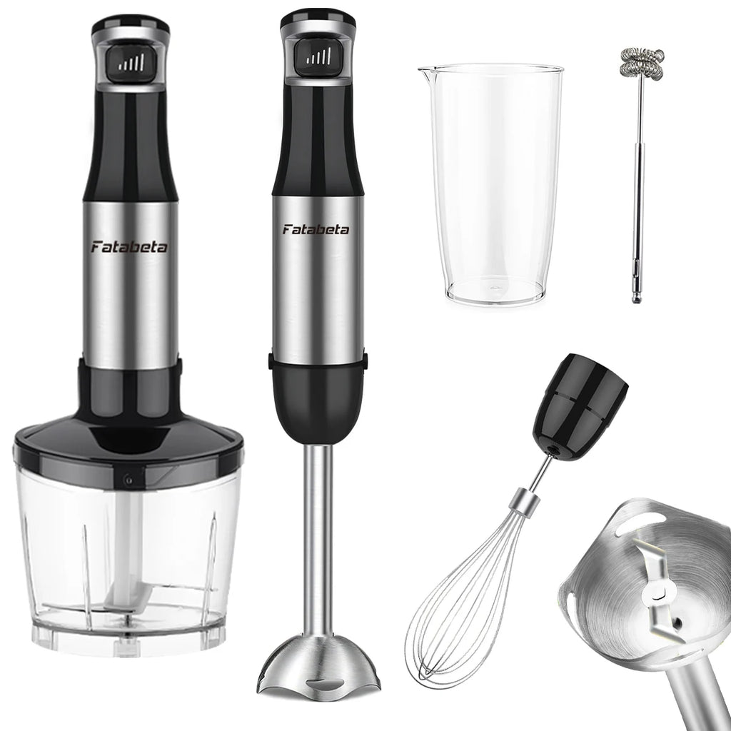 6-in-1 Handheld-Stabmixer – Edelstahl-Stabmixer mit 5 Geschwindigkeiten, Zerkleinerer, Schneebesen und Milchaufschäumer