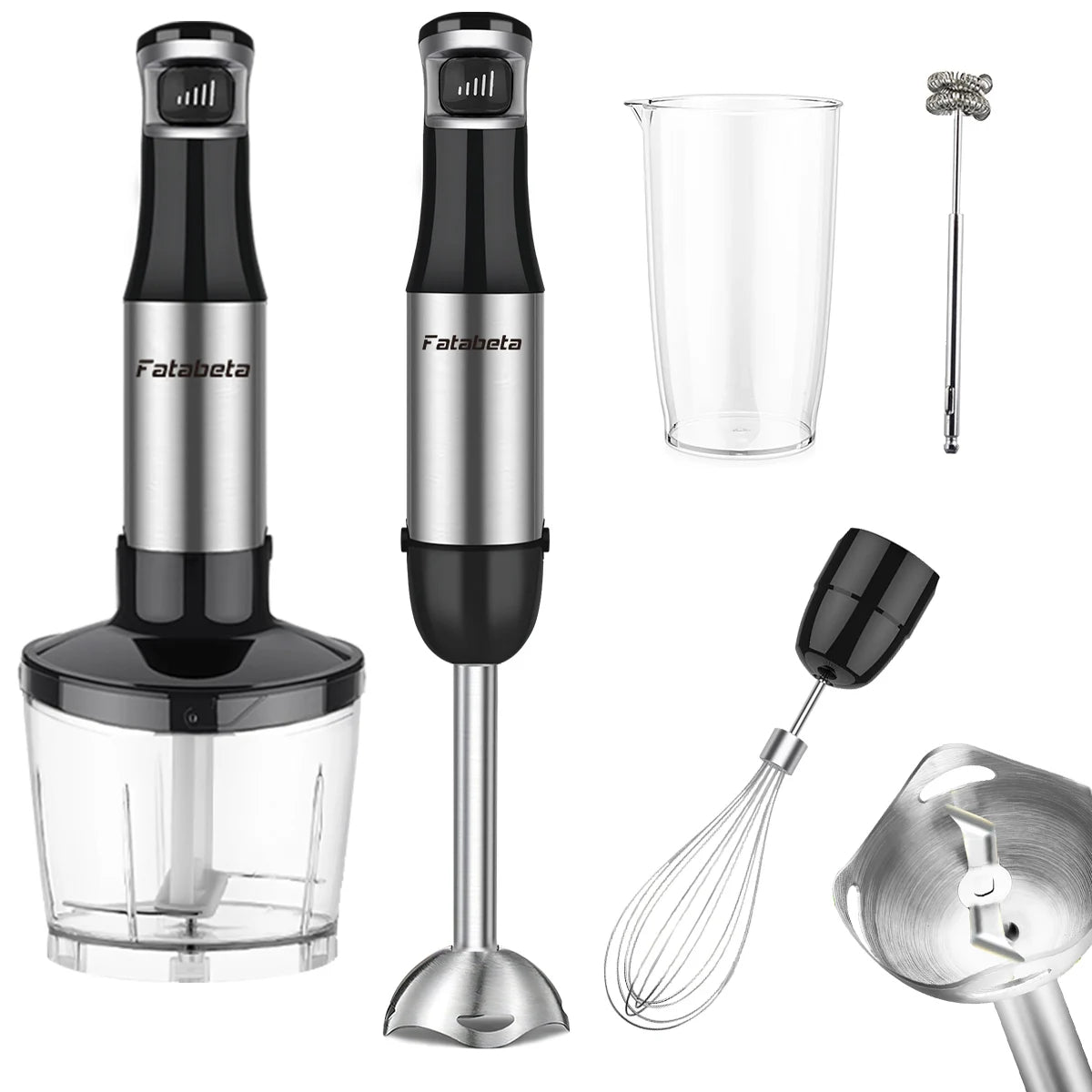 6-in-1 Handheld-Stabmixer – Edelstahl-Stabmixer mit 5 Geschwindigkeiten, Zerkleinerer, Schneebesen und Milchaufschäumer