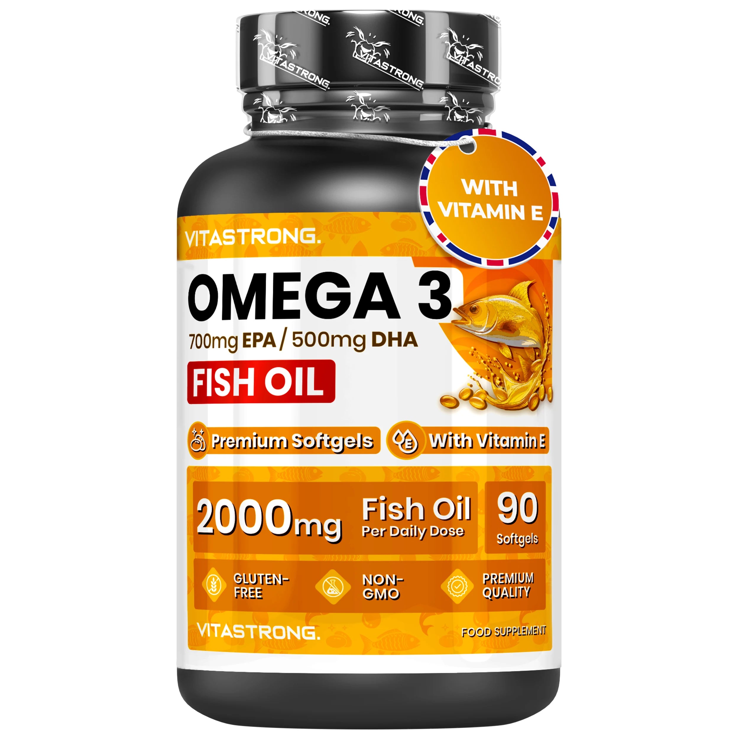 Omega 3 Fischöl 2000mg Hochdosiert mit Vitamin E, Ohne Nachgeschmack, Omega3 Fischöl (Fish Oil) 700mg EPA 500mg DHA, Hohe Konzentration, Omega-3 Kapseln Rein Herz, Sehkraft, Gehirn Hauptbild