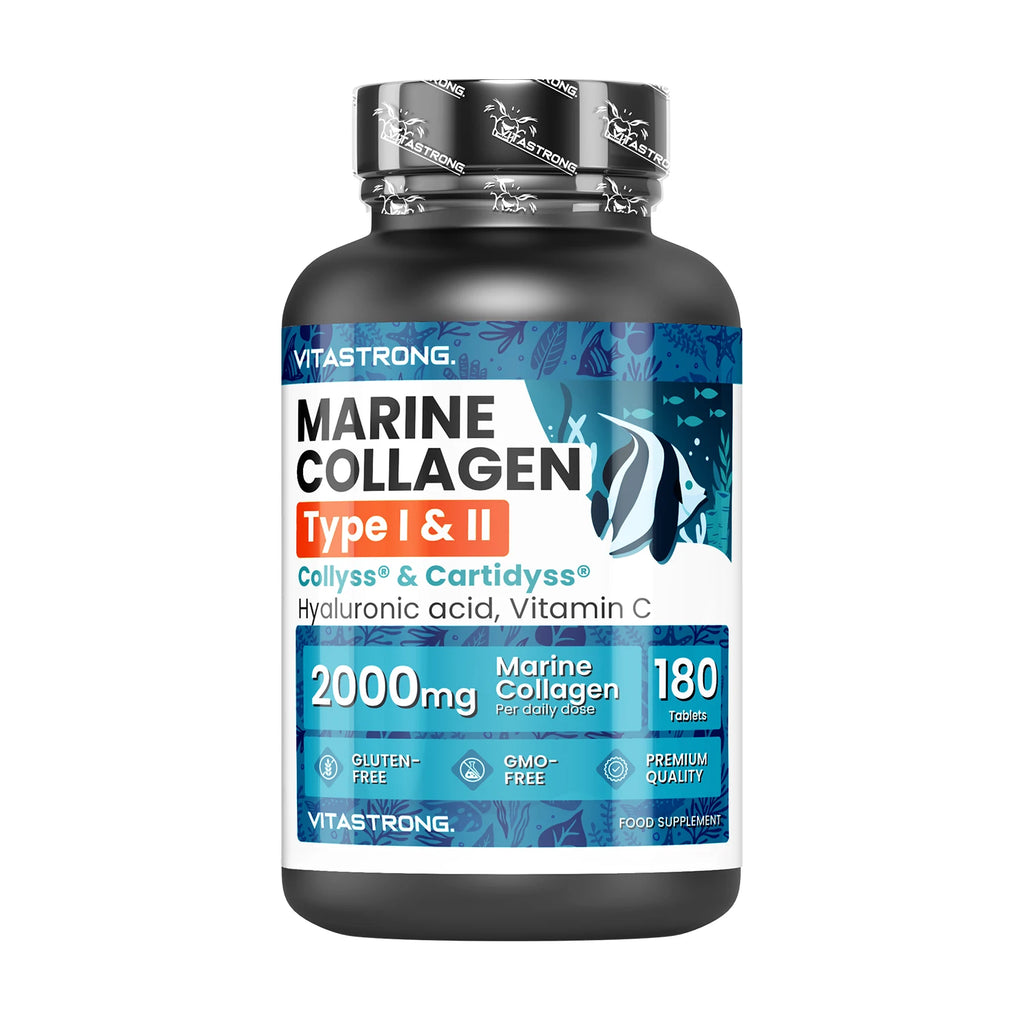 Vitastrong Meereskollagen 2000mg Patentiert – Typ 1 & 2 Collyss® & Cartidyss® – 180 Tabletten – Meereskollagen mit Hyaluronsäure – mit Vitamin C – Effektive Formel – Premium Qualität