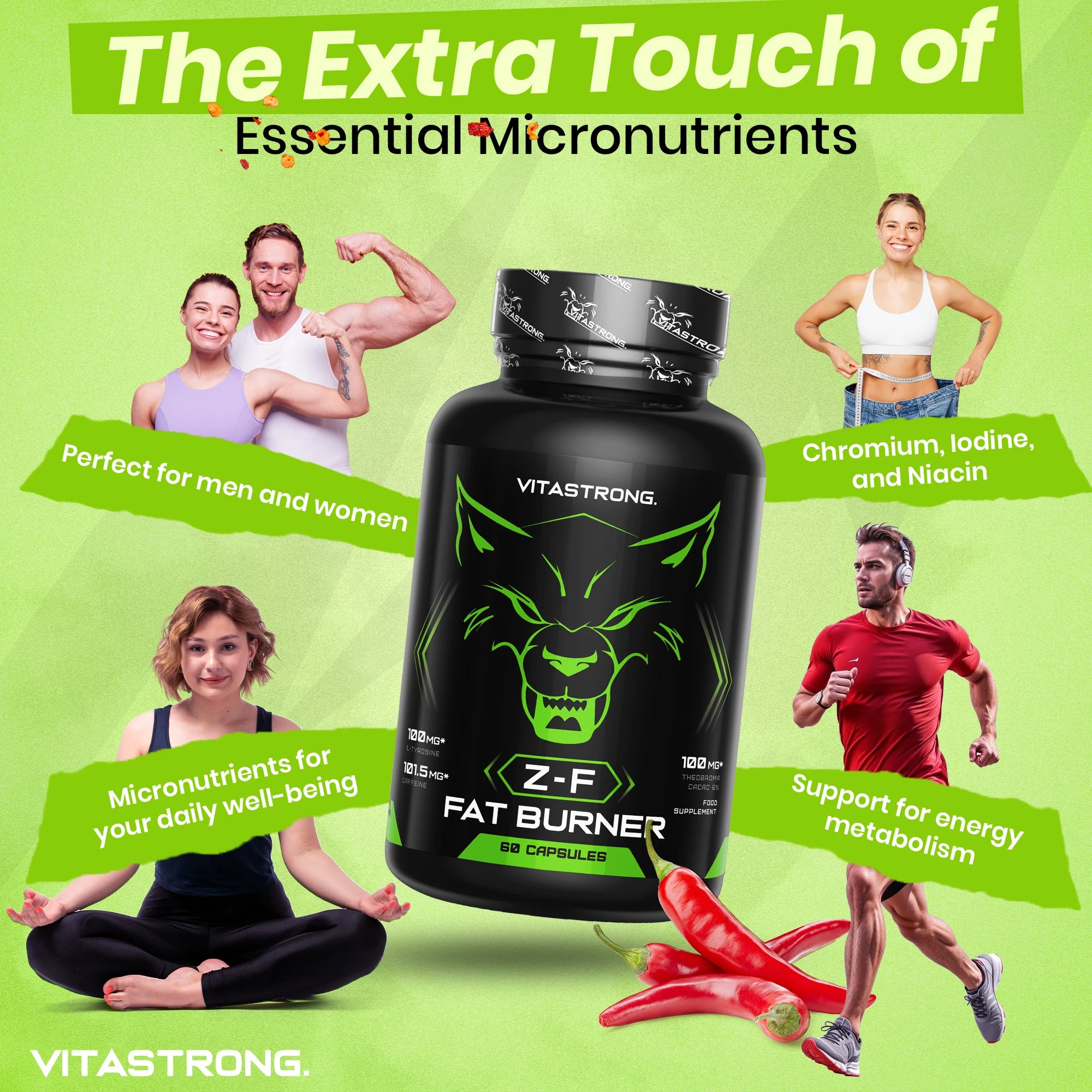 Fatburner Z-F Vitastrag-Schlankheitskapseln, Fettverbrennungsergänzung für Männer und Frauen, Rhodiola Rosea, Chrompikolinat, Koffein, Chili, Jod, Vitamin B3 Reines Niacin
