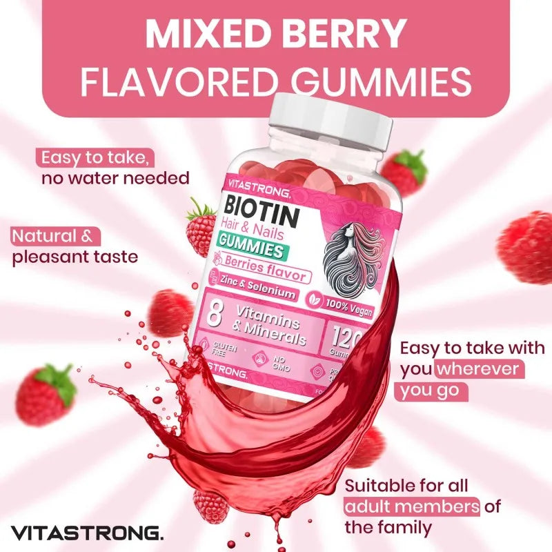 Vitastrong Biotin Hochdosis Komplex 100% Vegan – 120 Biotin Gums für Haare, Haut und Nägel mit Zink, Selen, Vitamin C, Vitamin E, Vitamin B6, Folat und Kaliumjodid – Unterstützt gesundes Haar und reduziert Müdigkeit