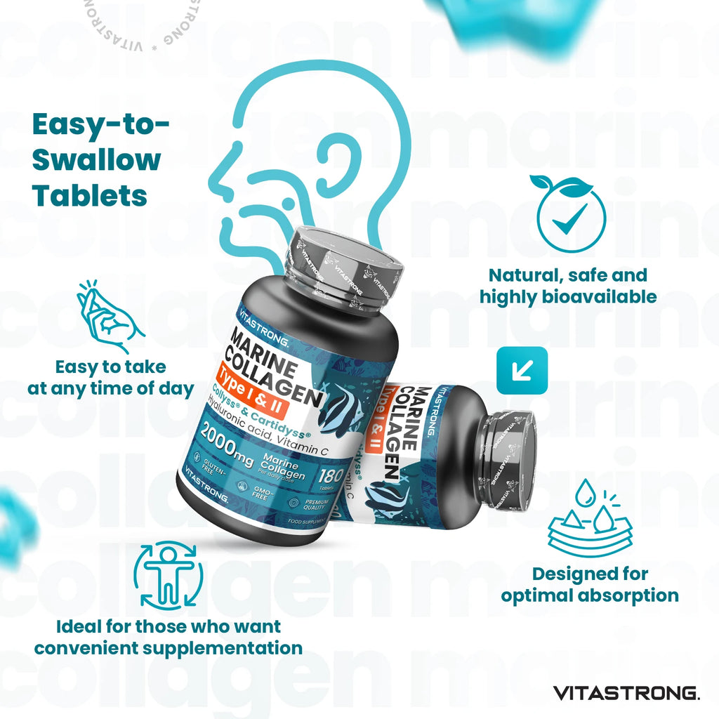 Vitastrong Meereskollagen 2000mg Patentiert – Typ 1 & 2 Collyss® & Cartidyss® – 180 Tabletten – Meereskollagen mit Hyaluronsäure – mit Vitamin C – Effektive Formel – Premium Qualität