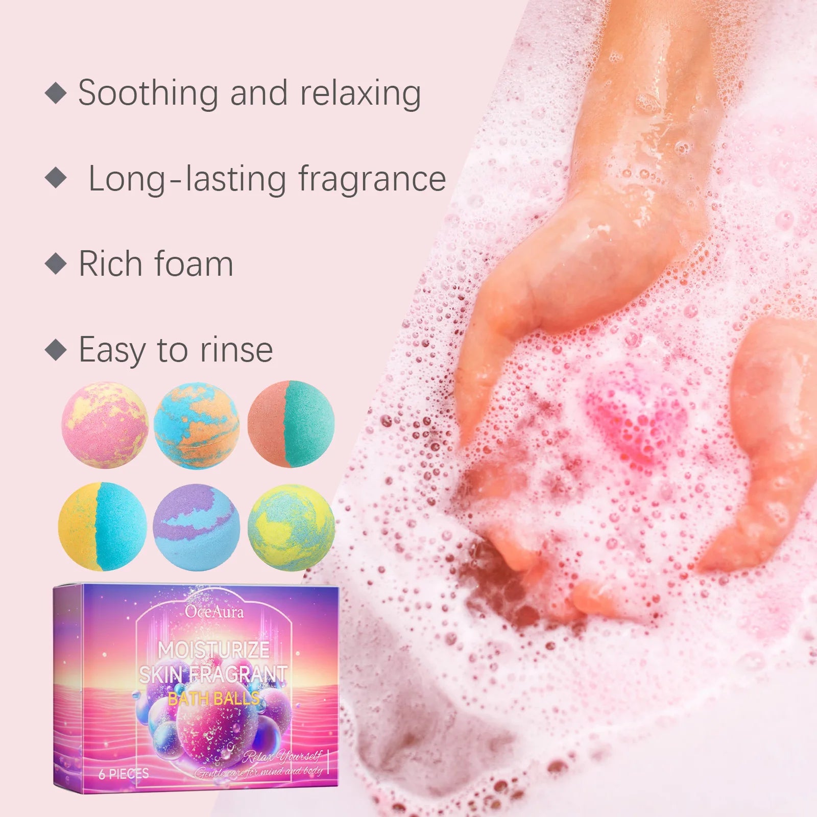 OceAura 6er-Set Sprudelbadbomben-Kugeln, Peeling, Körperpflege, Hautnährung, Lindert Müdigkeit, Stress, Angstzustände, Reinigt Poren, Körperbadebomben-Set