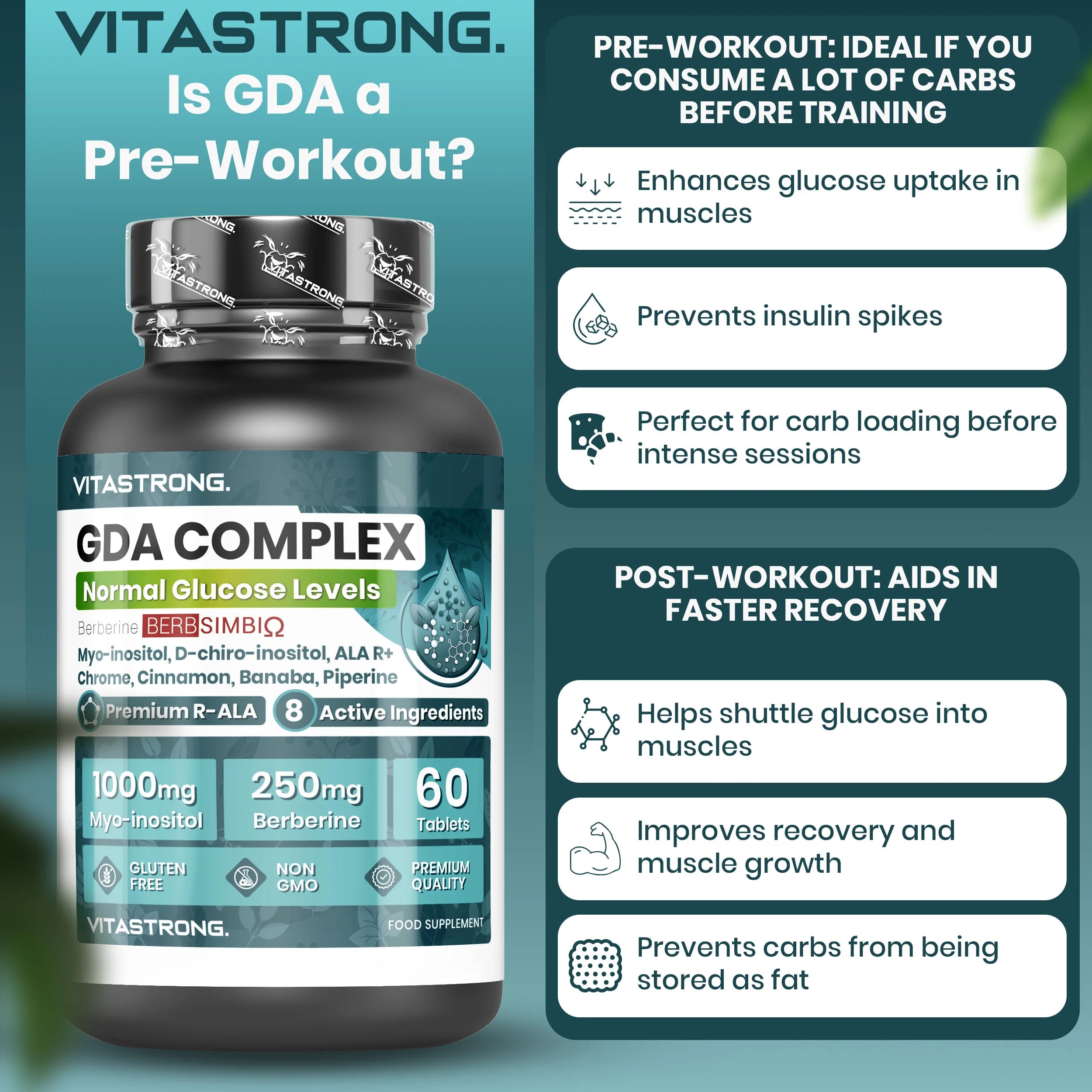 Vitastrong GDA Veganes Nahrungsergänzungsmittel – Unterstützt den normalen Blutzuckerspiegel, steigert Energie und Stoffwechsel mit Berberin, Myo-Inositol und Chrom – 60 Tabletten, GMO-frei