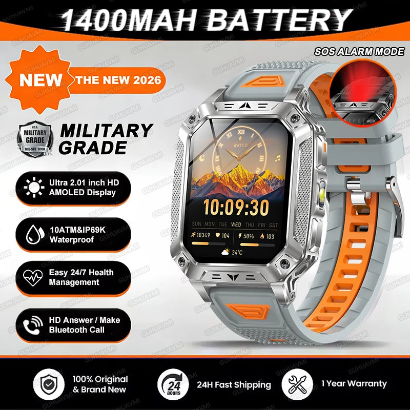 2026 TANK Neue 1400mAh Militär GPS Smartwatch Herren 2.01" AMOLED-Bildschirm 10ATM Wasserdichte Uhr SOS Anruf Taschenlampe Smartwatch iOS