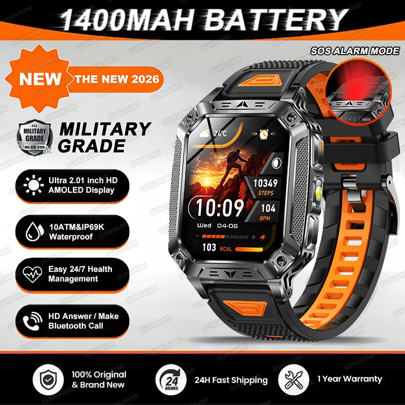 2026 TANK Neue 1400mAh Militär GPS Smartwatch Herren 2.01" AMOLED-Bildschirm 10ATM Wasserdichte Uhr SOS Anruf Taschenlampe Smartwatch iOS