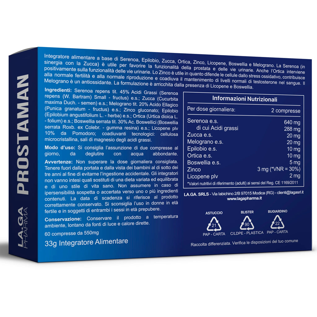 SERENOA REPENS, Prostatenergänzung 60 Tabletten mit: Sägepalme, Boswellia, Kürbis und Lycopin. Serenoa Repens Prostata 640mg mit: Brennnessel, Granatapfel und Weidenröschen. Prostatenergänzung Leistungsstarke Formel | LAGA Pharma. LA