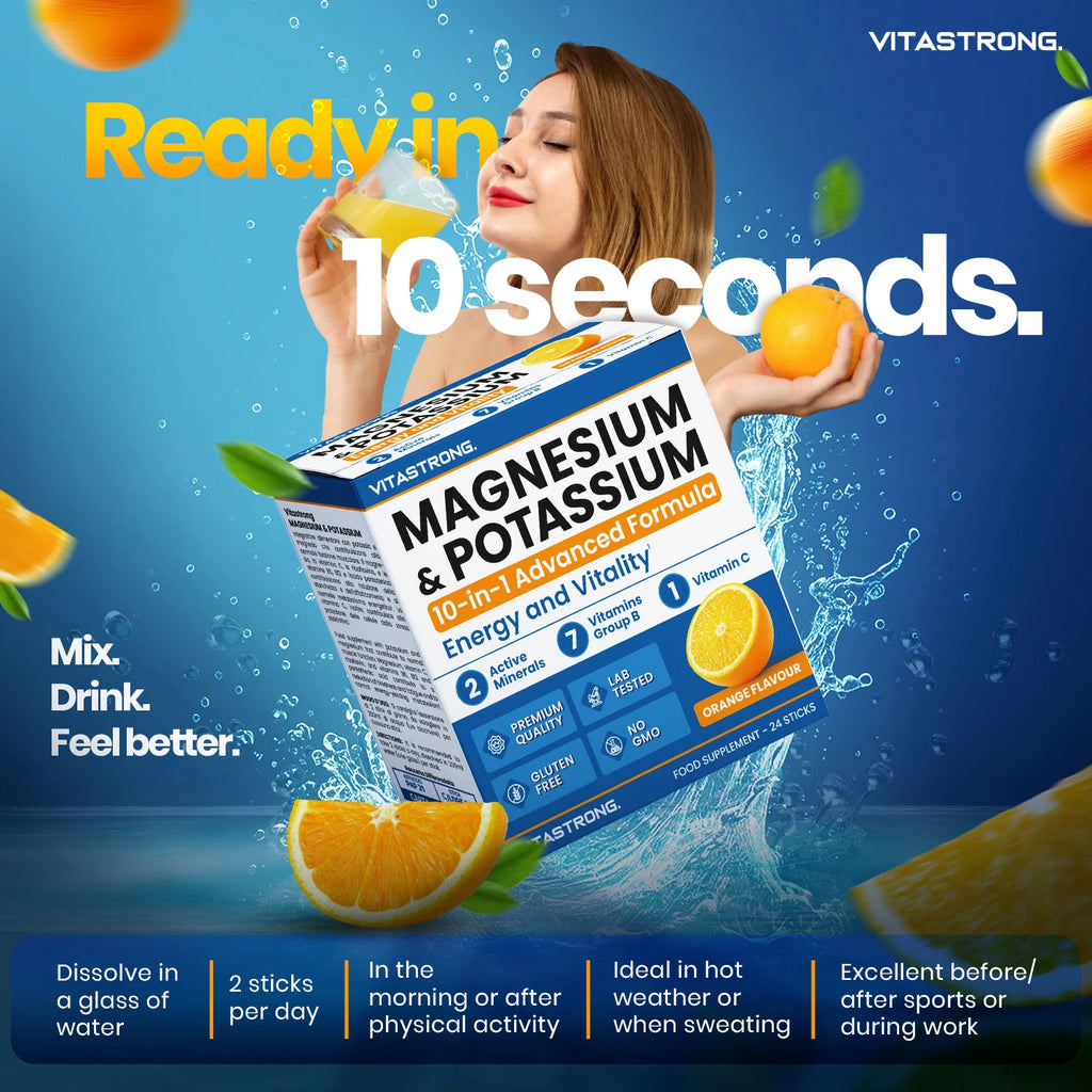 Vitastrong Magnesium & Kalium 10-in-1 Formel - 24 Sticks mit Vitamin C und B-Vitaminen, Orangengeschmack, Saccharose-frei, GMO-frei, Gluten-frei
