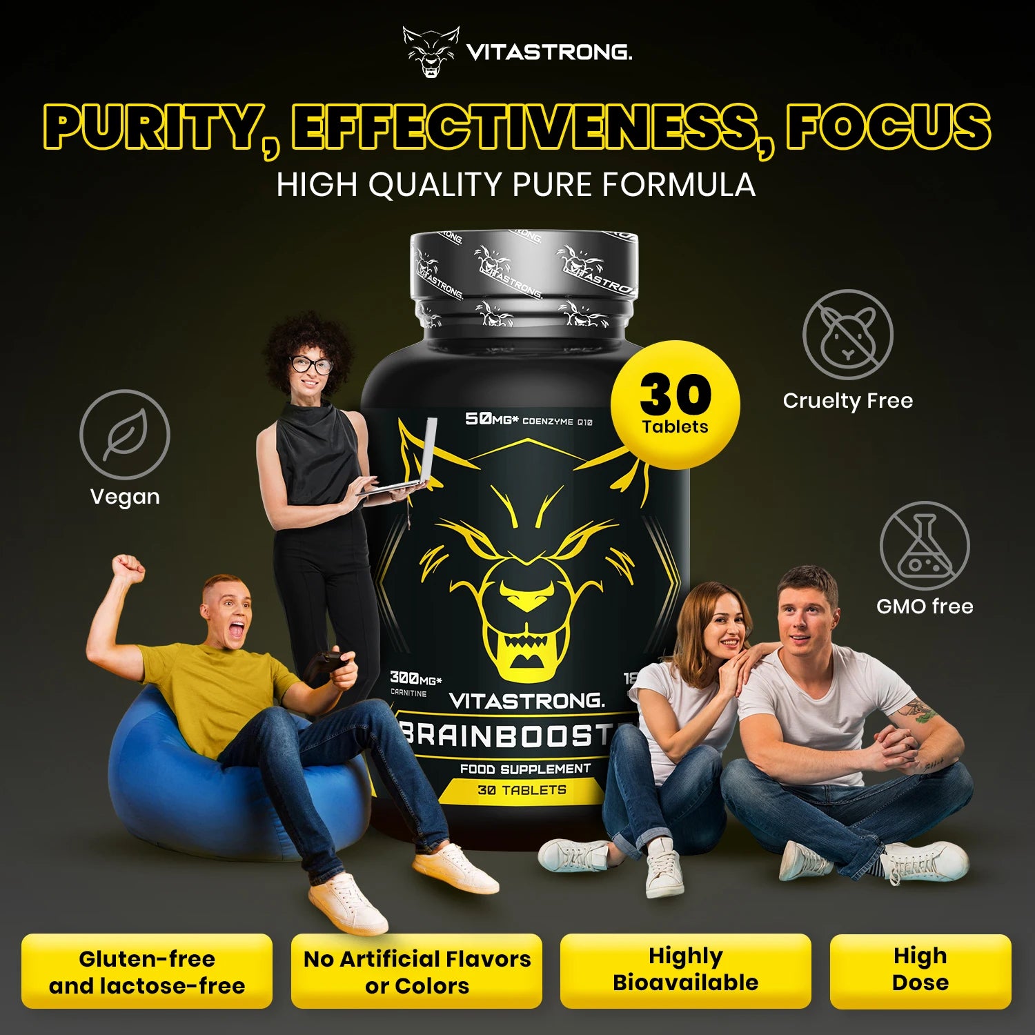 Vitastrong Brain Booster, leistungsstarkes Nootropikum mit Pantothensäure für mentale Leistungsfähigkeit, Koffein-Komplex-Ergänzung, Biotin, Carnitin, Coenzym Q10, Vitamin B6, Vitamin B12 und Folsäure
