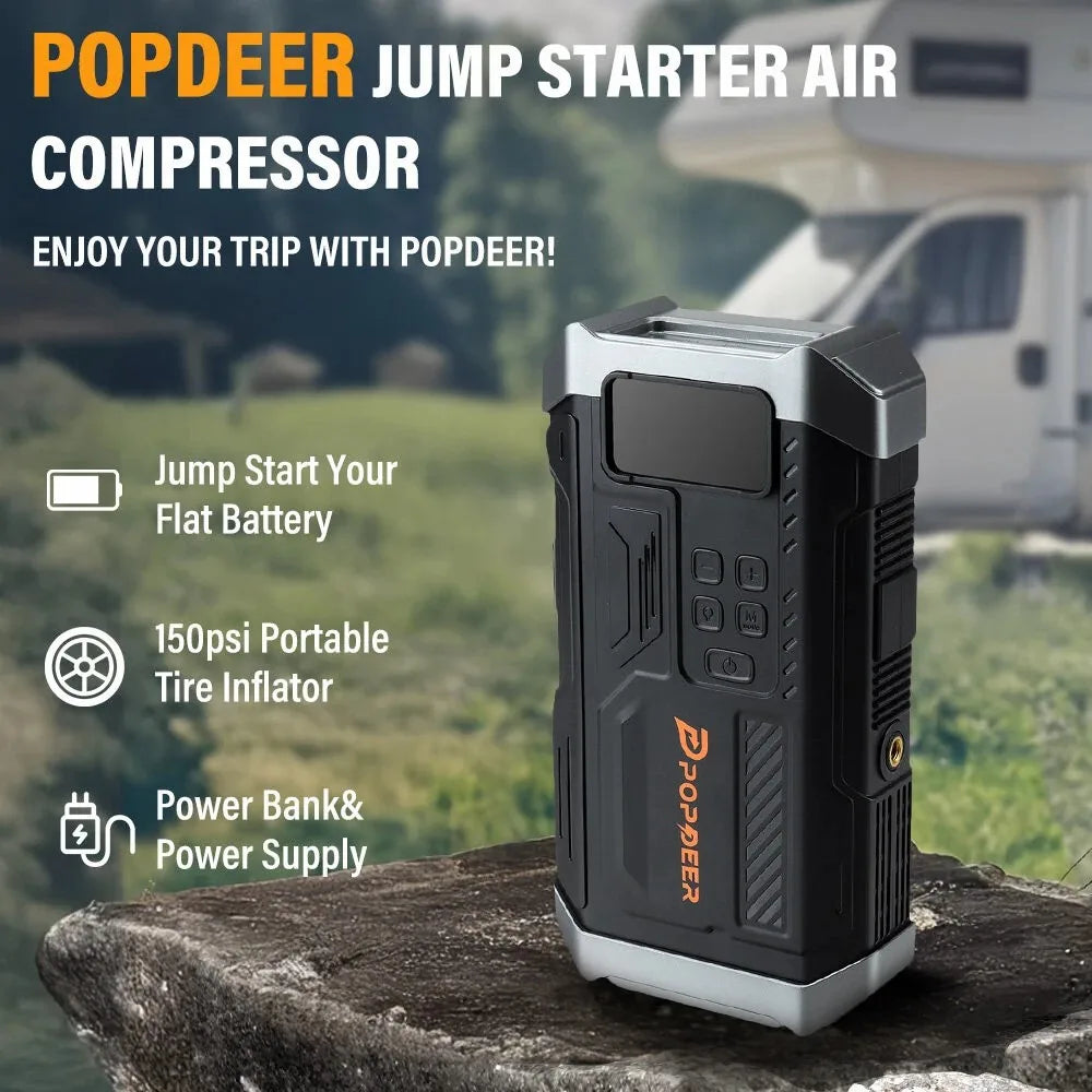 POPDEER PD-JA3 5000A 4-in-1 Starthilfe, 150PSI Luftkompressor, 12V QC 3.0 Powerbank mit LCD-Display, 10L Benzin/8L Diesel
