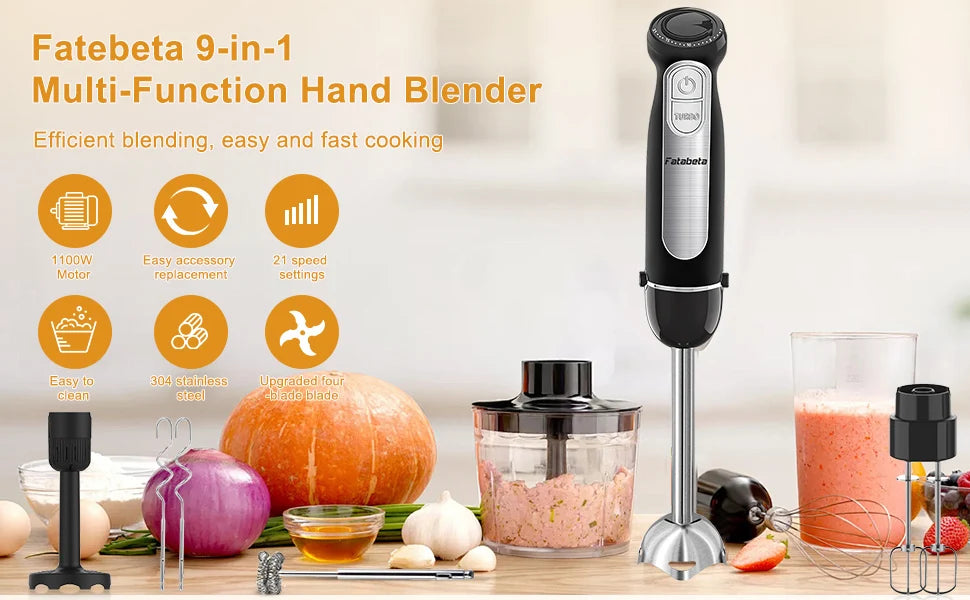 1500W 9-in-1 Stabmixer-Set, 21 Geschwindigkeiten & Turbo, inklusive Schneebesen, Zerkleinerer, Milchaufschäumer & Pürierstab zum Mixen und Pürieren