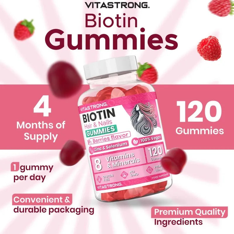 Vitastrong Biotin Hochdosis Komplex 100% Vegan – 120 Biotin Gums für Haare, Haut und Nägel mit Zink, Selen, Vitamin C, Vitamin E, Vitamin B6, Folat und Kaliumjodid – Unterstützt gesundes Haar und reduziert Müdigkeit