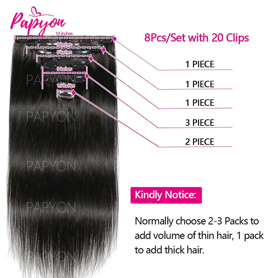 Clip-in Echthaar Extensions Brasilianisch Dick Glatt Clip-in Naturfarbe Clip-Ins Remy-Haar 22 24 26 28 Zoll für Frauen 120g/Stück