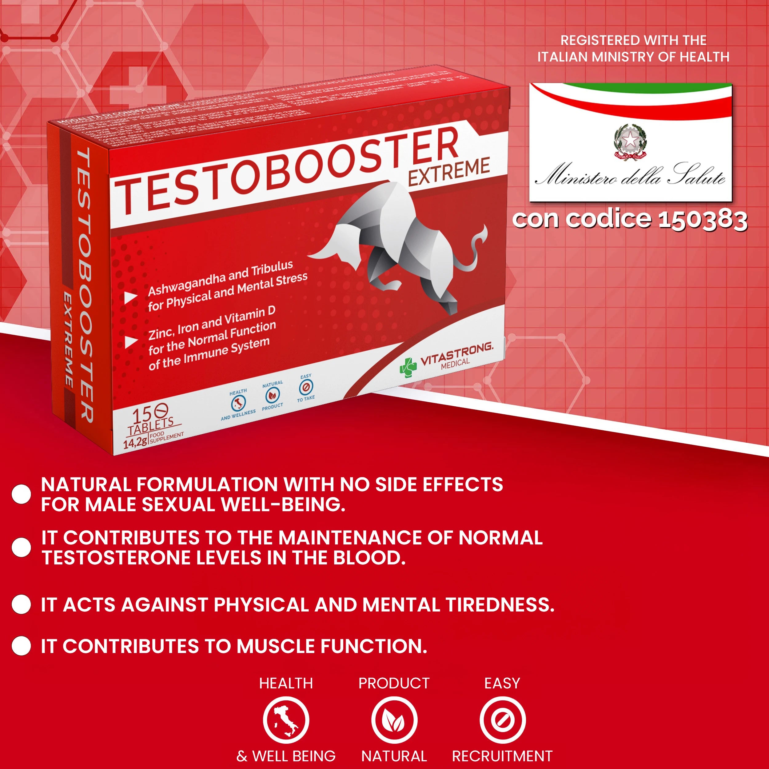 Testobooster Extreme-man Nahrungsergänzungsmittel, Ultra Starke Wirkung, Steigert Leistung, Kraft und Stärke, 100% Natürlich und Sicher, Taschenpackung