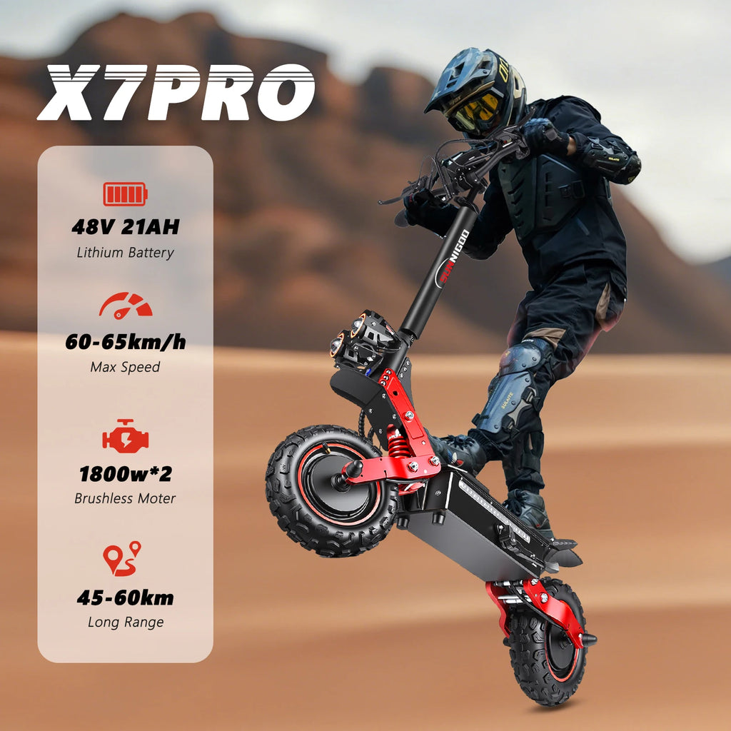 SUNNIGOO X7/X7PRO Elektroroller 3600W Doppelmotor Leistungsstark Max. Geschwindigkeit 60-65km/h 11 Zoll Offroad-Reifen Faltbarer Leistungsstarker E-Scooter 60KM Reichweite Wasserdicht IP54 NFC-Sperre Duale Bremsen All-Terrain-Scooter