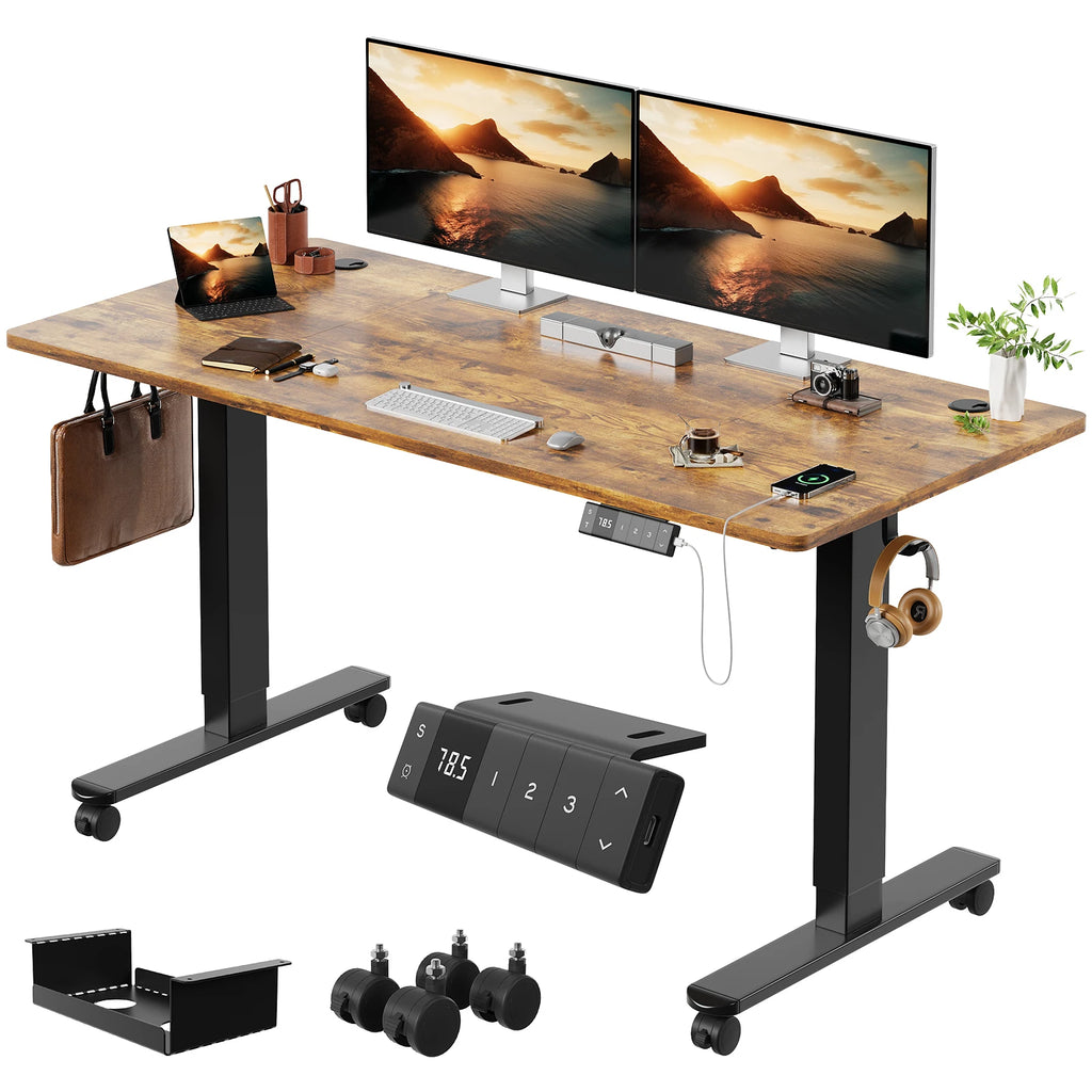 Devoko Elektrischer Schreibtisch, höhenverstellbar, 140x80 mit Rollen, Typ-C, Memory-Steuerung, Antikollision