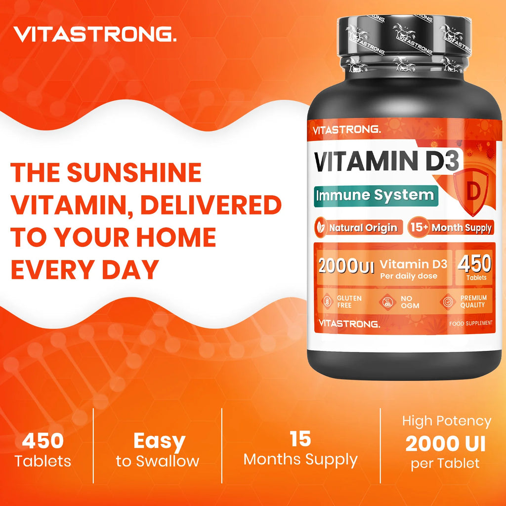 Vitamin D3 2000 IE 50mcg Hochdosiert, 1 pro Tag, 450 Tabletten D3 Vitamin Cholecalciferol (15+ Monate), Immunsystem, Knochen, Zähne, Muskeln, Ergänzung Vit D Premium Qualität Vitastrong