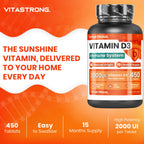Vitamin D3 2000 IE 50mcg Hochdosiert, 1 pro Tag, 450 Tabletten D3 Vitamin Cholecalciferol (15+ Monate), Immunsystem, Knochen, Zähne, Muskeln, Ergänzung Vit D Premium Qualität Vitastrong