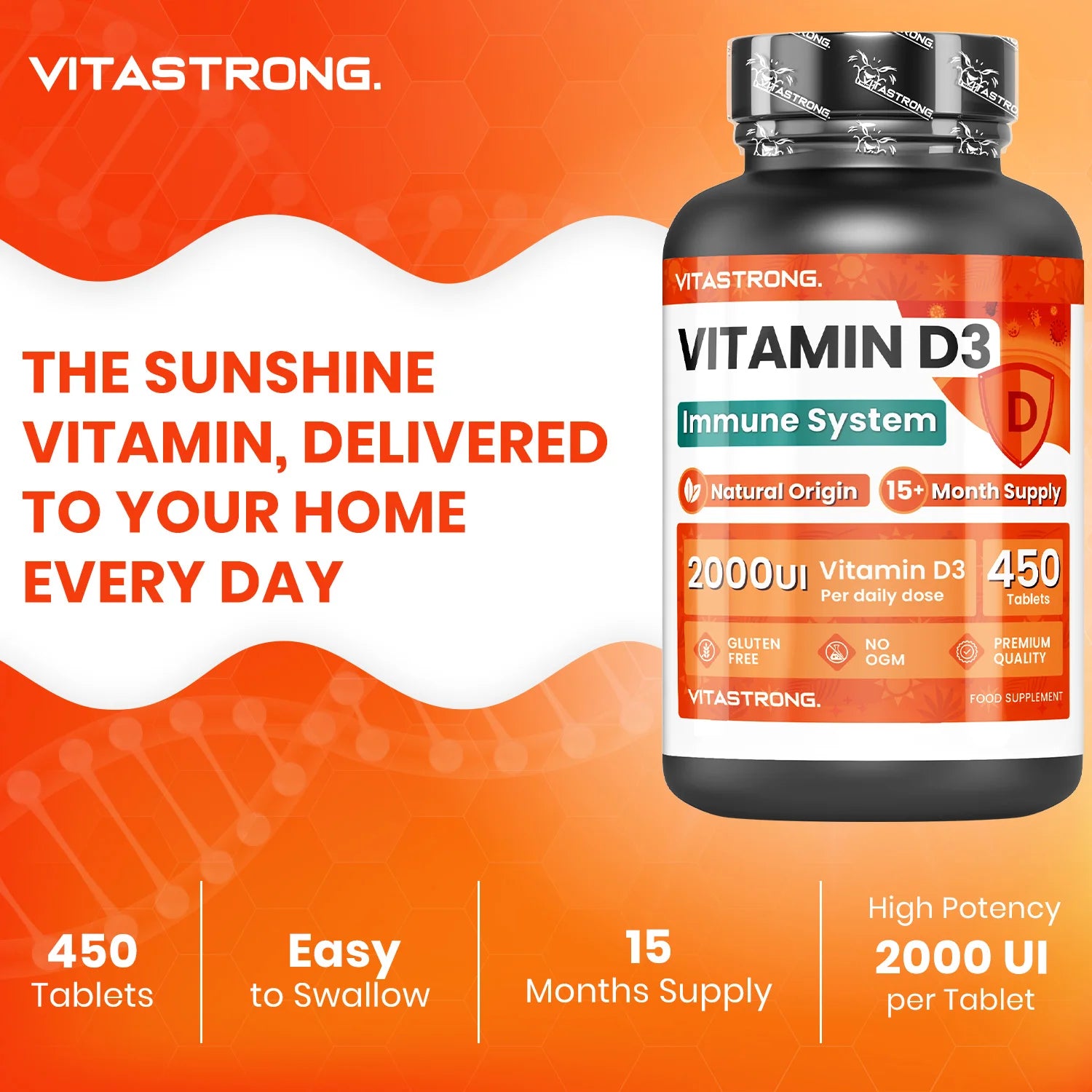 Vitamin D3 2000 IE 50mcg Hochdosiert, 1 pro Tag, 450 Tabletten D3 Vitamin Cholecalciferol (15+ Monate), Immunsystem, Knochen, Zähne, Muskeln, Ergänzung Vit D Premium Qualität Vitastrong