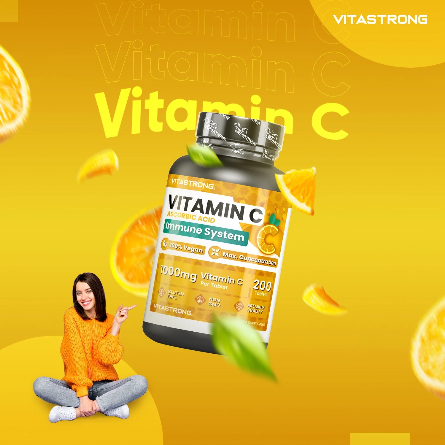 Vitastrong Vitamin C 1000mg Hochdosiert – 200 Tabletten, 100% Vegan, Retard-Ascorbinsäure zur Immununterstützung, für gesunde Haut, zur Verringerung von Müdigkeit und zur Kollagenbildung