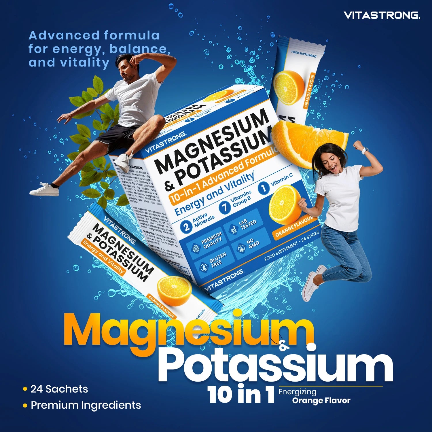 Vitastrong Magnesium & Kalium 10-in-1 Formel - 24 Sticks mit Vitamin C und B-Vitaminen, Orangengeschmack, Saccharose-frei, GMO-frei, Gluten-frei
