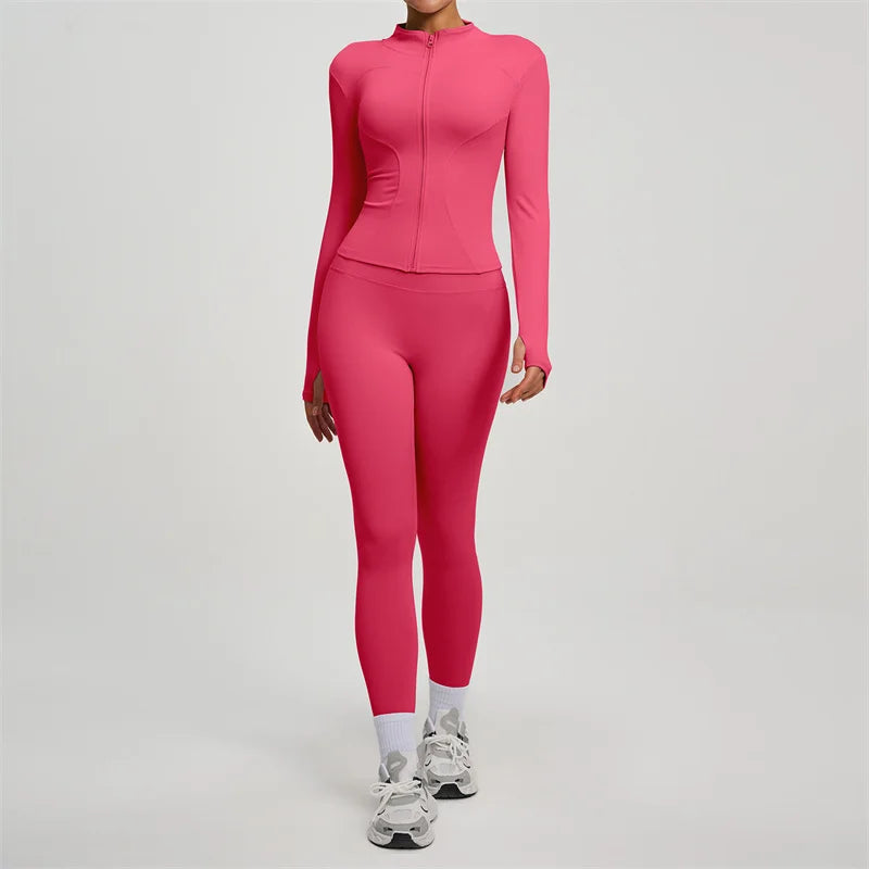SVEIC Damen Zweiteiliger Trainingsanzug Yoga Set Langarmjacke High Waisted Leggings Atmungsaktive Sportkleidung Für Frauen