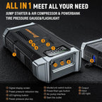 POPDEER PD-JA3 5000A 4-in-1 Starthilfe, 150PSI Luftkompressor, 12V QC 3.0 Powerbank mit LCD-Display, 10L Benzin/8L Diesel
