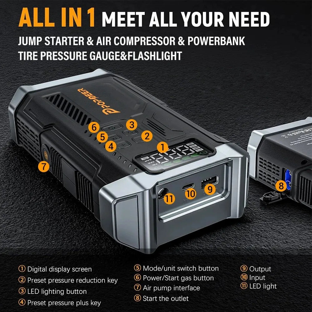 POPDEER PD-JA3 5000A 4-in-1 Starthilfe, 150PSI Luftkompressor, 12V QC 3.0 Powerbank mit LCD-Display, 10L Benzin/8L Diesel