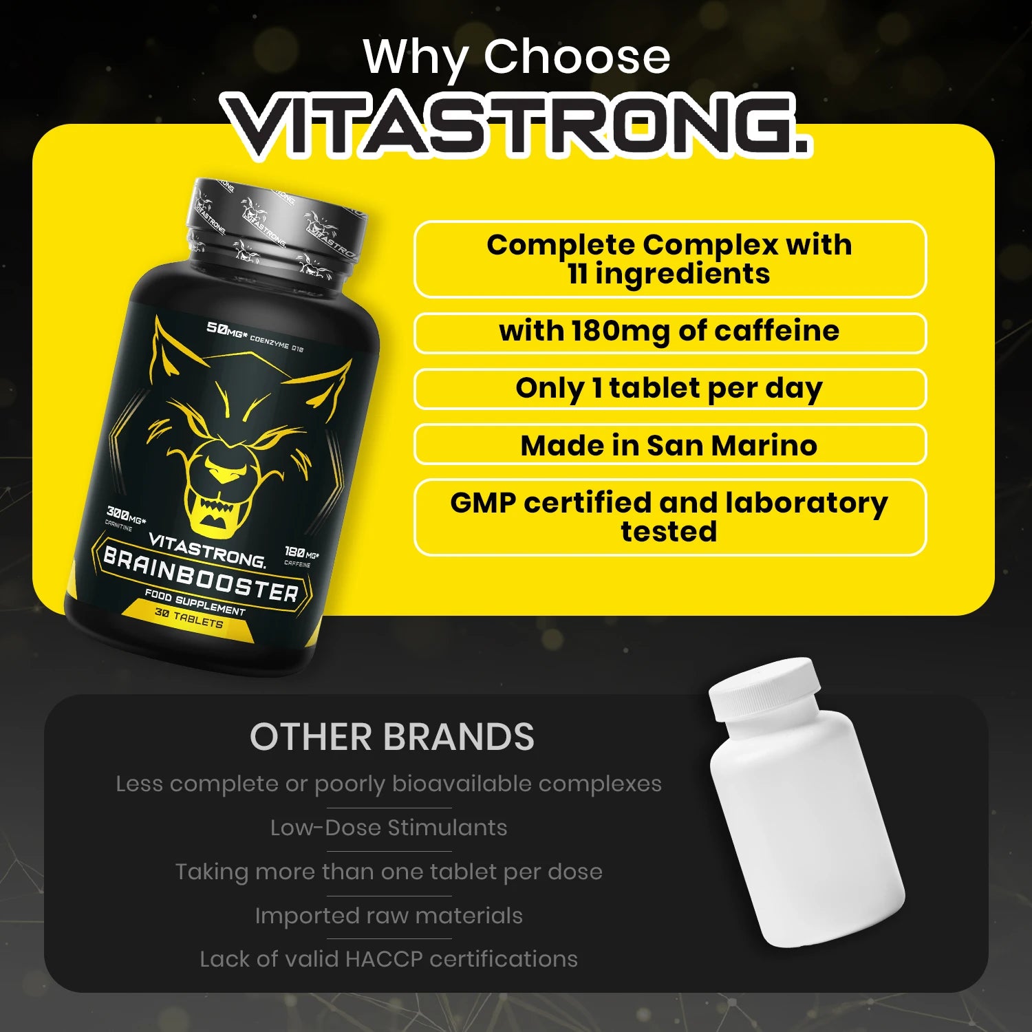 Vitastrong Brain Booster, leistungsstarkes Nootropikum mit Pantothensäure für mentale Leistungsfähigkeit, Koffein-Komplex-Ergänzung, Biotin, Carnitin, Coenzym Q10, Vitamin B6, Vitamin B12 und Folsäure