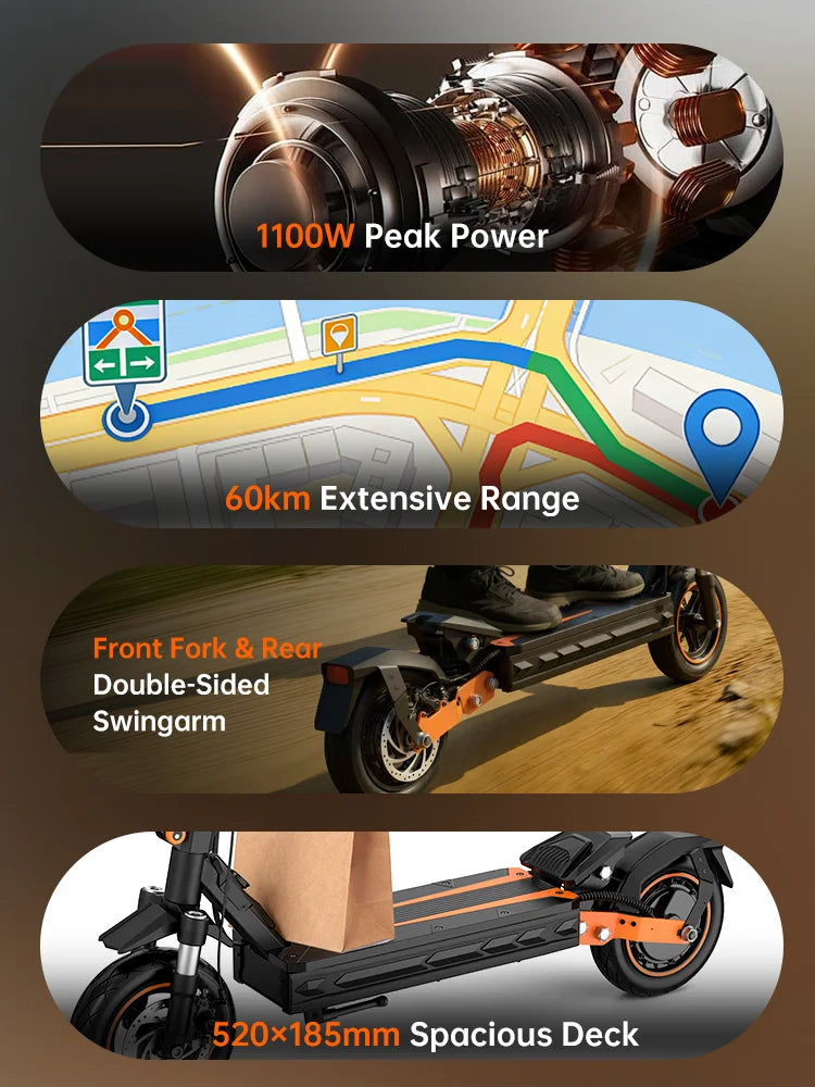 NFC Fynzo S11 Fold E-Scooter 1100W 15.6Ah 45km/h Max Speed Dual Suspension 10" Tubeless Tires 60km Range Front Suspension Fork