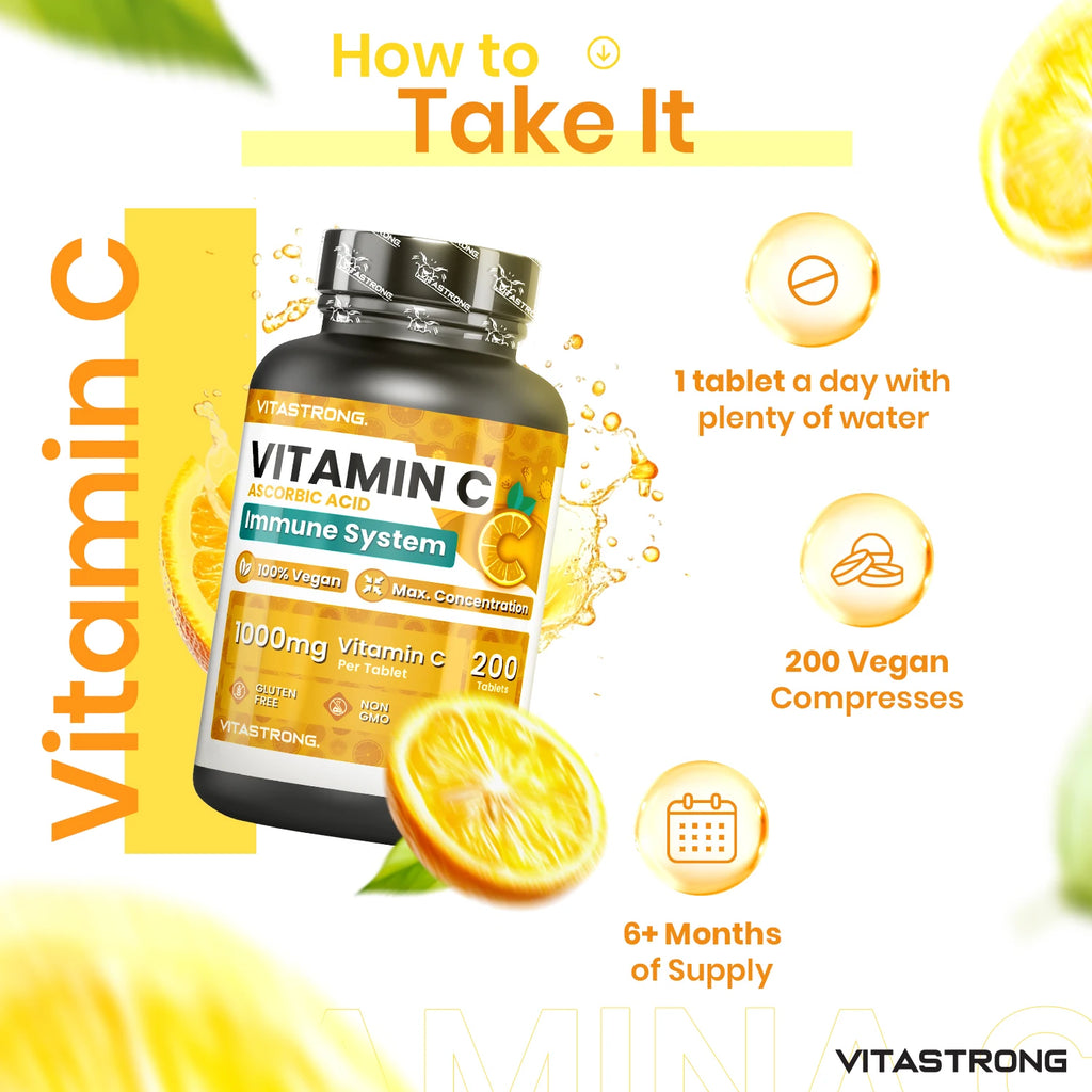 Vitastrong Vitamin C 1000mg Hochdosiert – 200 Tabletten, 100% Vegan, Retard-Ascorbinsäure zur Immununterstützung, für gesunde Haut, zur Verringerung von Müdigkeit und zur Kollagenbildung