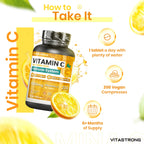 Vitastrong Vitamin C 1000mg Hochdosiert – 200 Tabletten, 100% Vegan, Retard-Ascorbinsäure zur Immununterstützung, für gesunde Haut, zur Verringerung von Müdigkeit und zur Kollagenbildung