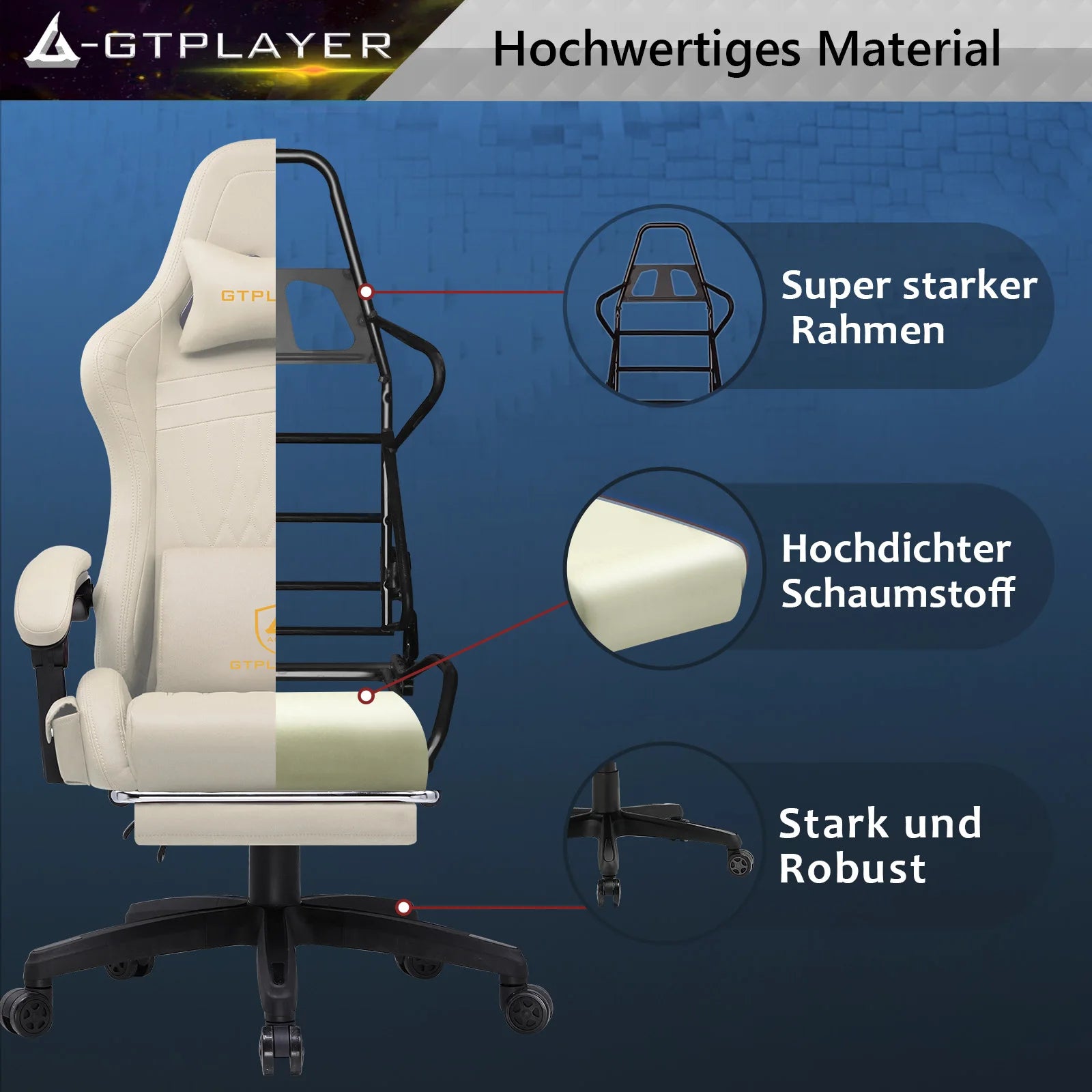 GTPLAYER Gaming Stuhl Ergonomischer Gaming-Sessel Bürostuhl PC Fußstütze Lautsprecher Musik Bürostuhl bis 150 kg