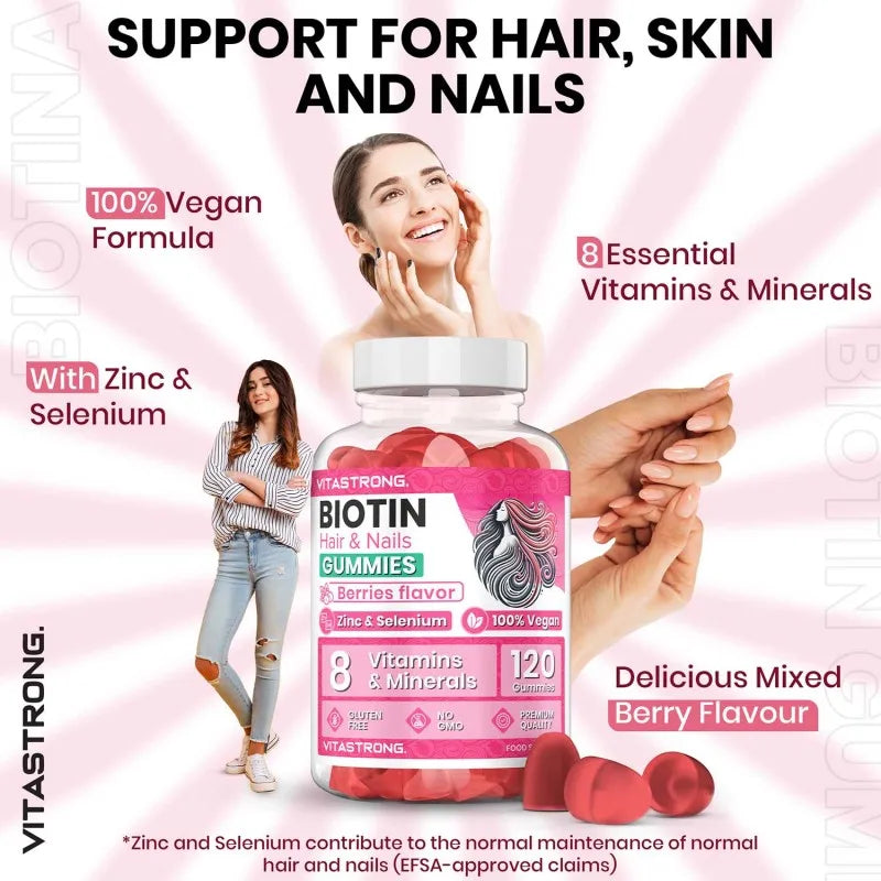Vitastrong Biotin Hochdosis Komplex 100% Vegan – 120 Biotin Gums für Haare, Haut und Nägel mit Zink, Selen, Vitamin C, Vitamin E, Vitamin B6, Folat und Kaliumjodid – Unterstützt gesundes Haar und reduziert Müdigkeit