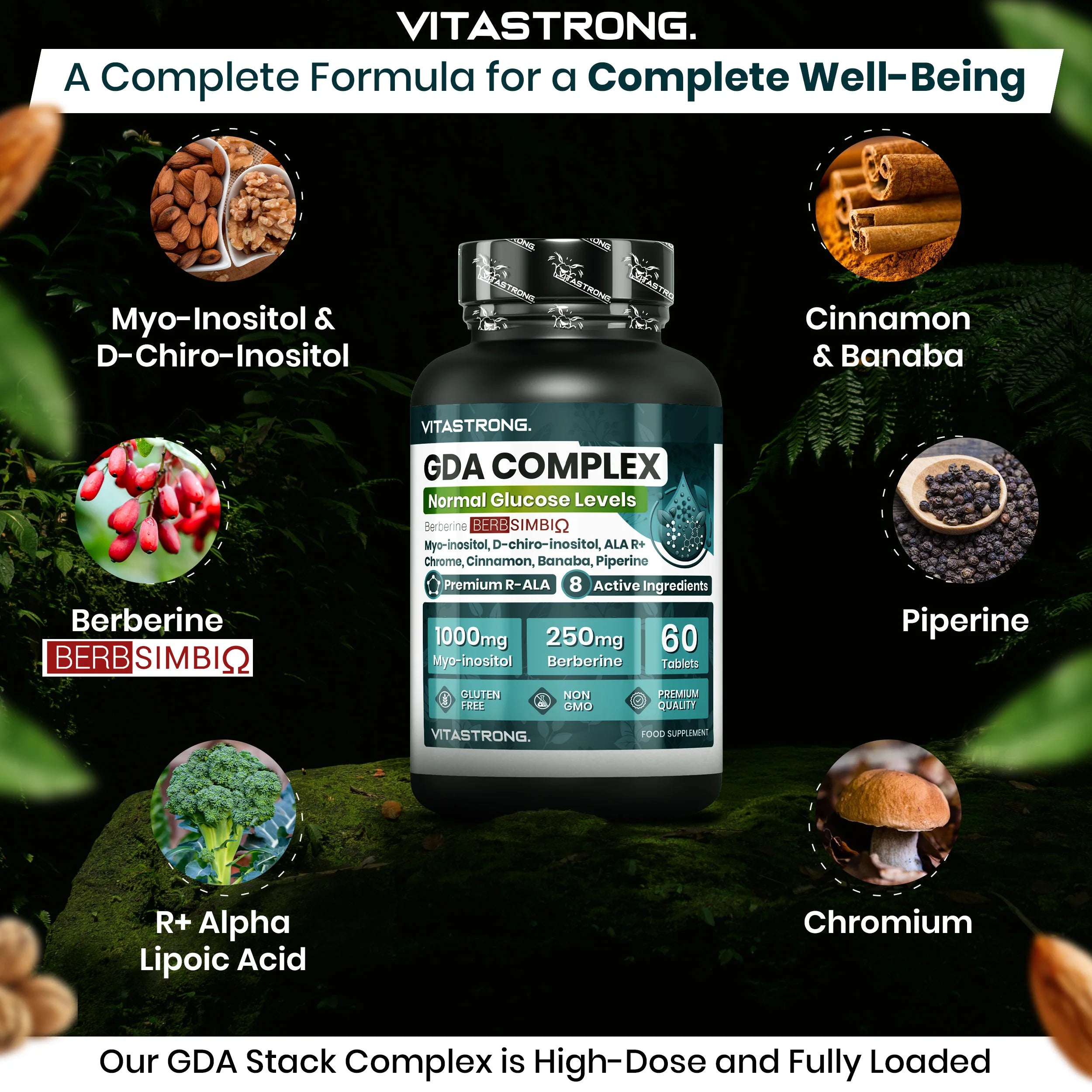 Vitastrong GDA Veganes Nahrungsergänzungsmittel – Unterstützt den normalen Blutzuckerspiegel, steigert Energie und Stoffwechsel mit Berberin, Myo-Inositol und Chrom – 60 Tabletten, GMO-frei
