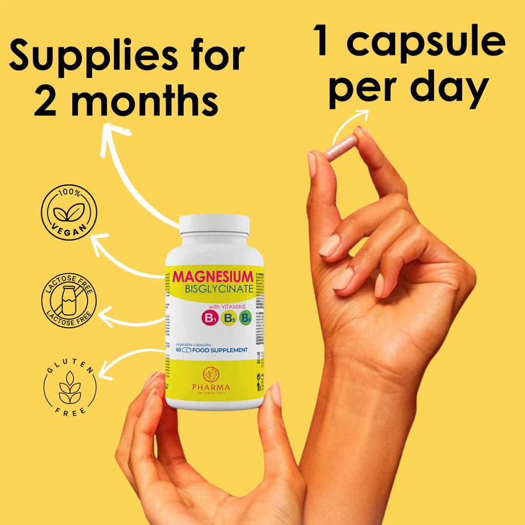 Magnesiumbisglycinat-Kapseln mit Vitamin B6, Vitamin B1, Vitamin B5 – Magnesium pur Bisglycinat bei geistiger Müdigkeit – Magnesiumbisglycinat 250 mg – Magnesiumbisglycinat