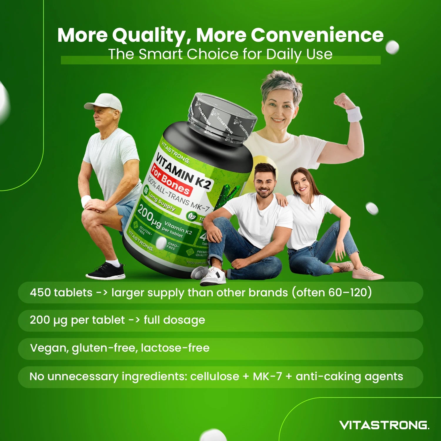 VitaStrong Vitamin K2 200 mcg, hochdosiert, 1 Tablette täglich, 450 Tabletten, Knochengesundheit, Unterstützung von Knochen und Muskeln, Nahrungsergänzungsmittel, Premium Qualität, 100% vegan und saubere Formel