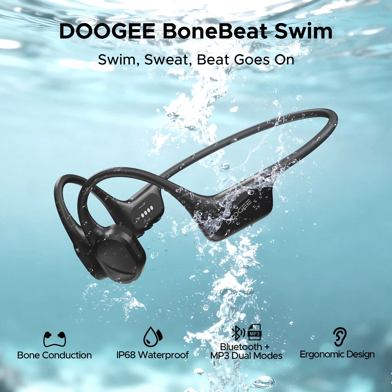 DOOGEE BoneBeat Swim Knochenschall-Kopfhörer IP68 Wasserdicht Schwimmen Open Earphones Bluetooth 5.4 Kabelloser Kopfhörer 7H Akkulaufzeit