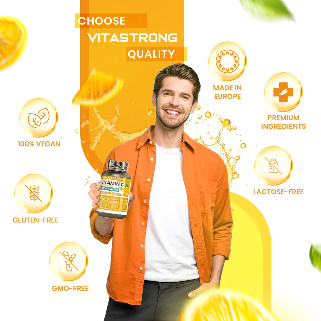 Vitastrong Vitamin C 1000mg Hochdosiert – 200 Tabletten, 100% Vegan, Retard-Ascorbinsäure zur Immununterstützung, für gesunde Haut, zur Verringerung von Müdigkeit und zur Kollagenbildung