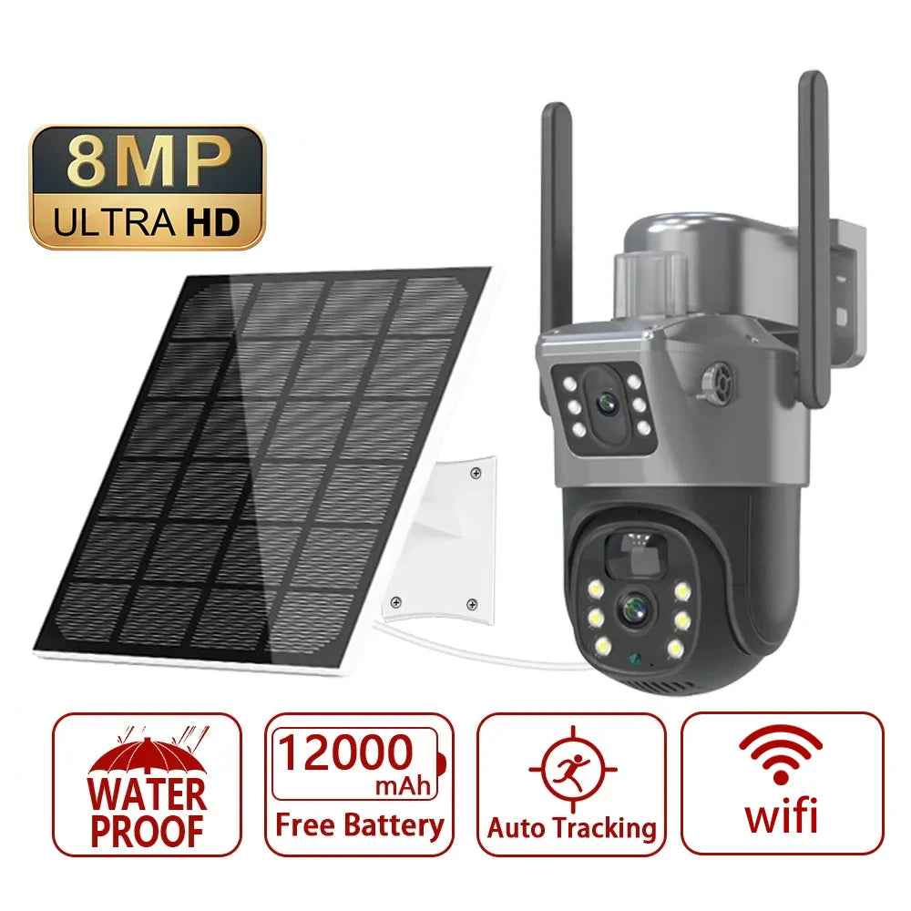 4K 8MP Dual-Objektiv PTZ Solarkamera Dual-Screen PIR Menschliche Verfolgung Outdoor WIFI Sicherheits-CTV Überwachungs-IP-Kamera