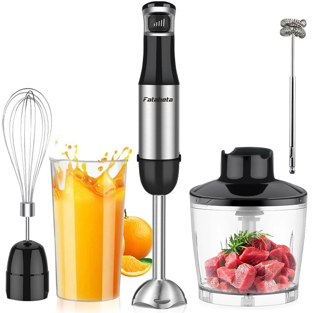 6-in-1 Handheld-Stabmixer – Edelstahl-Stabmixer mit 5 Geschwindigkeiten, Zerkleinerer, Schneebesen und Milchaufschäumer