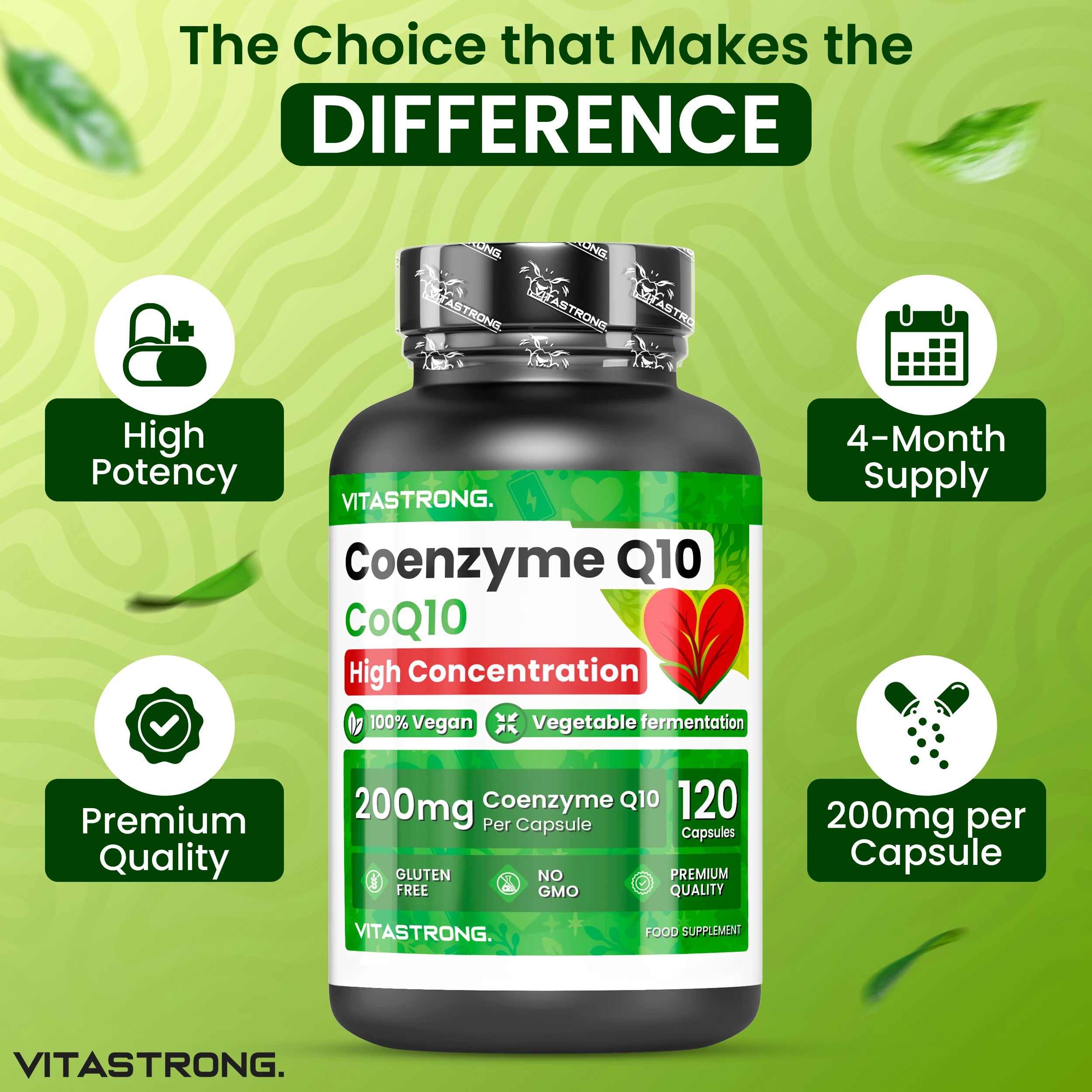 Coenzym Q10 200mg Hochdosiert, 1 Kapsel pro Tag für 4 Monate, 120 CoQ10 Kapseln je 200mg, Q10 Coenzym Premium Qualität, Gluten- & GMO-frei, Nahrungsergänzungsmittel Hergestellt in Italien Zertifiziert