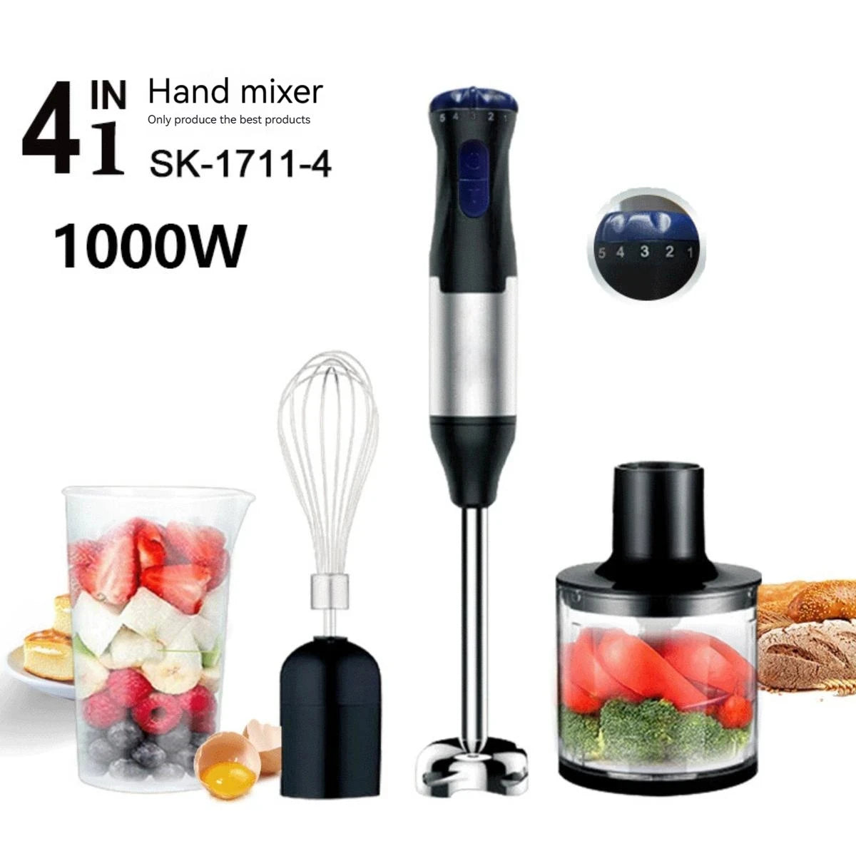 1000W 4-in-1 Stabmixer Edelstahl Pürierstab Küchenmaschine Geringe Geräuschentwicklung 36-45dB für Babynahrung Suppe Smoothie 220V Hauptbild