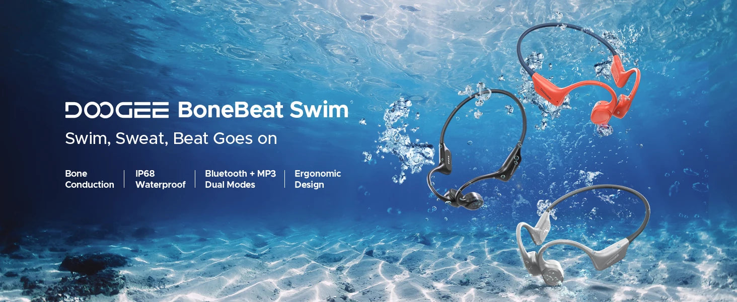 DOOGEE BoneBeat Swim Knochenschall-Kopfhörer IP68 Wasserdicht Schwimmen Open Earphones Bluetooth 5.4 Kabelloser Kopfhörer 7H Akkulaufzeit