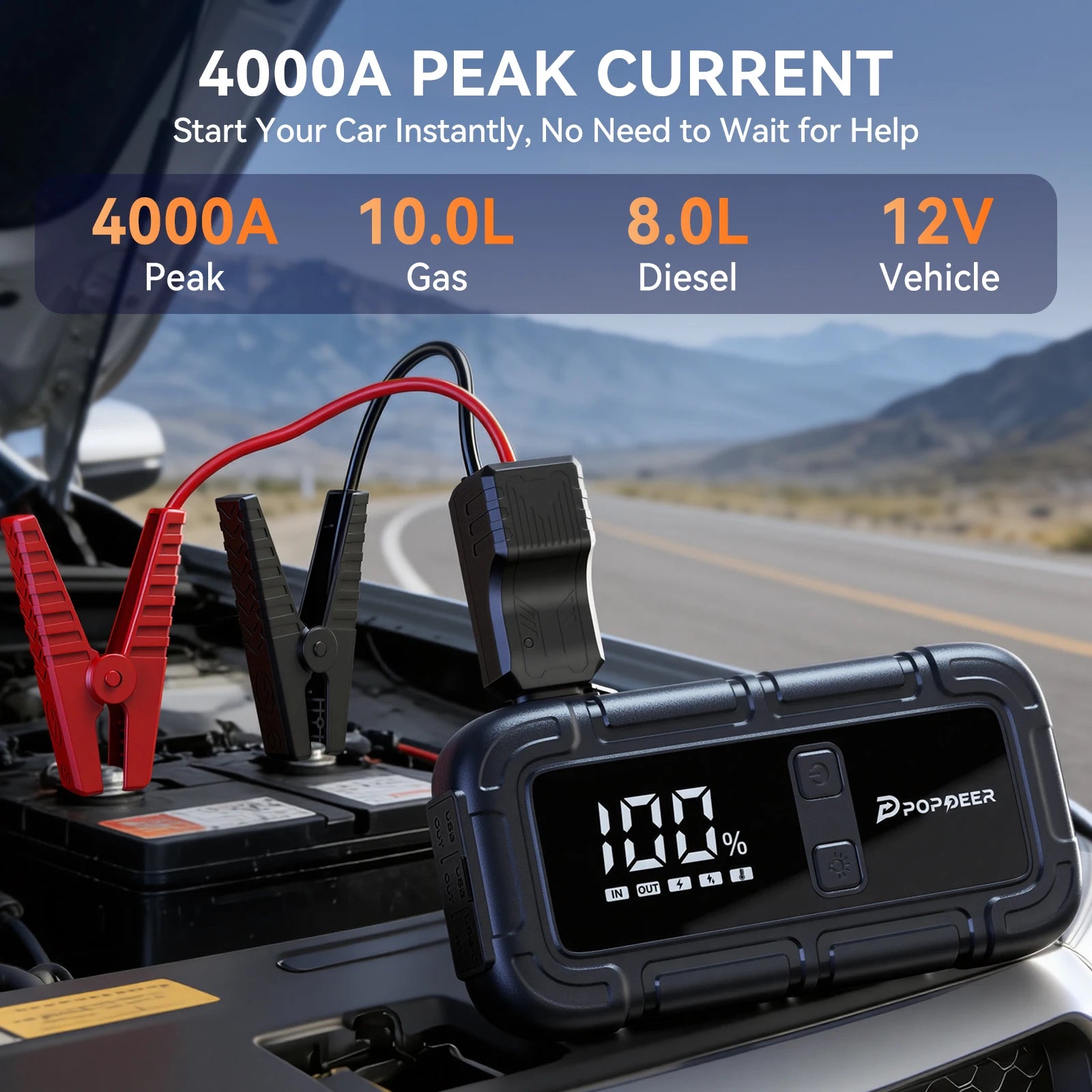 POPDEER PD-J06 4000A Starthilfe, 12V Auto Starthilfe mit LCD-Display Dual USB für 10.0L Benzin/8.0L Diesel LKW Wohnmobil Boot
